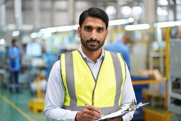 Fototapeta premium Manufacturing plant manager reviews production floor with clipboard and focus