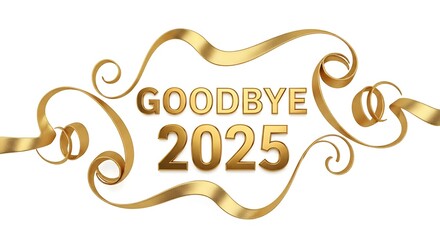 A goodbye 2025 message with golden ribbons on white