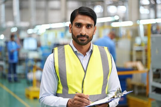 Manufacturing plant manager reviews production floor with clipboard and focus