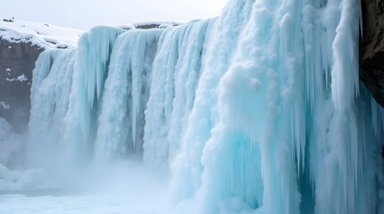 Frozen waterfall cascading down icy cliffs, purpose for background