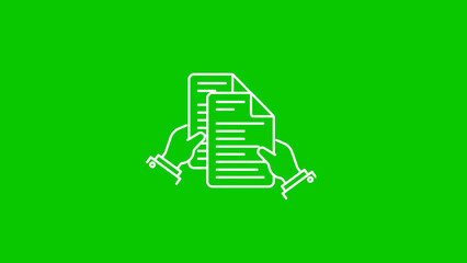 Hands holding documents with text lines on a green background paper