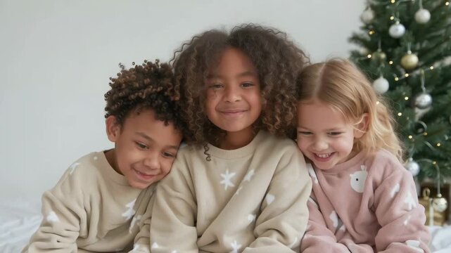 Three smiling children of diverse ethnic backgrounds sit together in a bright room wearing festive sweaters.