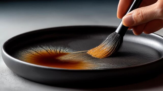 Chef Brushing Sauce on Dark Pan Closeup Video Showcasing Culinary Artistry and Attention to Detail in Gourmet Presentation