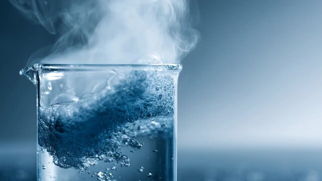 Mesmerizing Chemical Reaction Boiling Water in Beaker Creates Steam in Closeup, Showcasing Beauty of Science in Laboratory