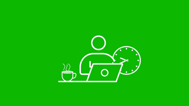 Person working on laptop with coffee cup and clock on green background break time