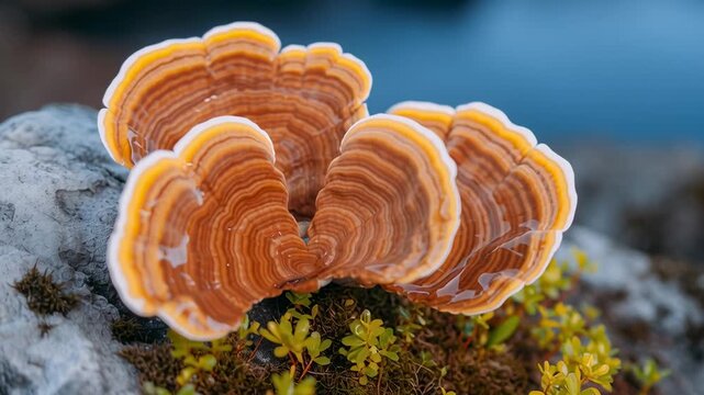 Macro shot of bracket fungi with orange shelves growing on a mossy rock surface.