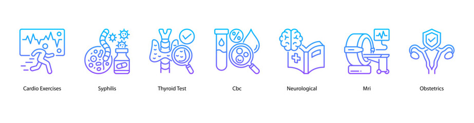 Obraz premium Advanced Medical Assessment web banner icon vector illustration featuring Cardio Exercises, Syphilis, Thyroid Test, CBC, Neurological, MRI, and Obstetrics for in-depth health insight.