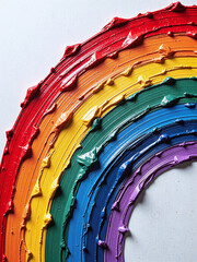 Oil paint strokes forming a vivid rainbow on canvas, visible texture layers,Art speaks through color, expressing warmth, love, and acceptance.