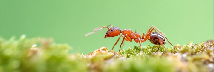 Red ant is on a green leaf