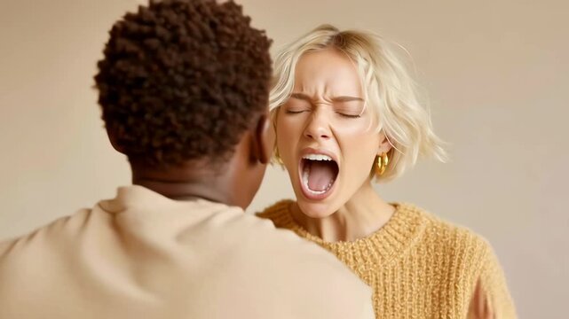 Woman shouting at a conversational partner in a home setting, strong emotional outburst and facial tension.