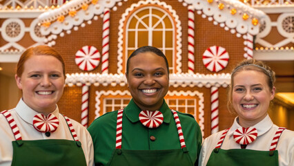 Christmas ginger bread house with three smiling women dressed as festive bakers in front of decorated holiday display
