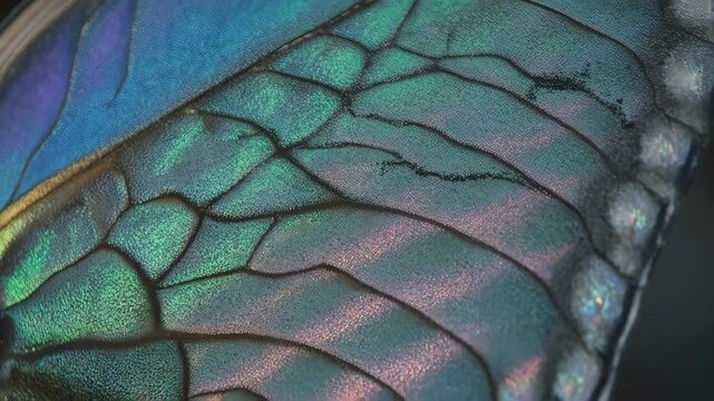 Macro view of a vibrant, iridescent butterfly wing's scale pattern