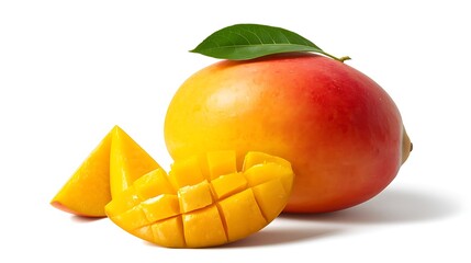 Ripe mango fruit with slices on white background