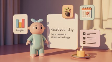 Digital wellness application interface elements surround a stylized character in warm lighting