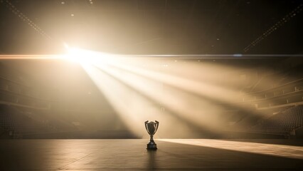 Illuminated Triumph: A singular trophy stands proudly under a dramatic spotlight. The scene evokes a sense of anticipation and victory.