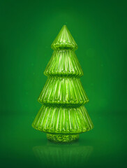 Beautiful glass Christmas tree with textured pattern on dark green background with unfocused particles