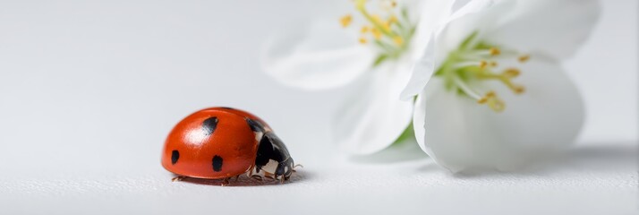 Ladybug is sitting on a white flower