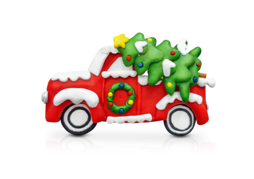 Christmas red pickup truck with a festive tree is isolated on a transparent  background - Powered by Adobe