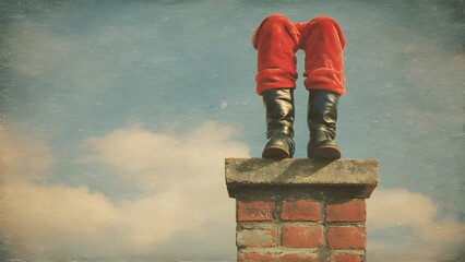 Humorous, festive scene of Santa Claus's legs stuck on a chimney. Santa chimney America Christmas
