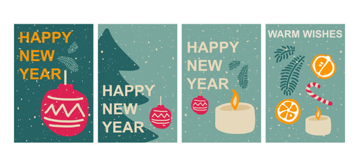 Christmas card set with grunge texture. Festive designs with orange slices, holly leaves, and candy canes for holiday designs, Christmas decorations, winter projects. Color Doodle Vector illustration,