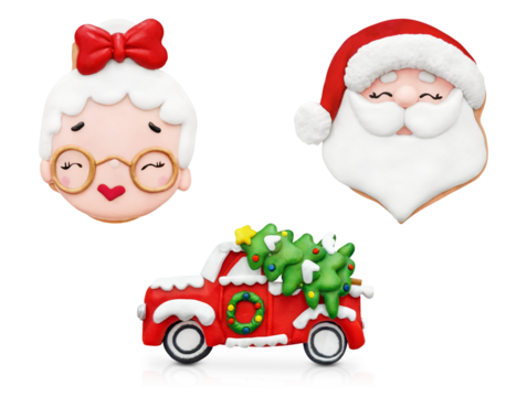 Three Christmas gingerbread cookies in the shape of Santa Claus's head, Mrs Santa and a red truck with a Christmas tree are isolated on a transparent background - Powered by Adobe