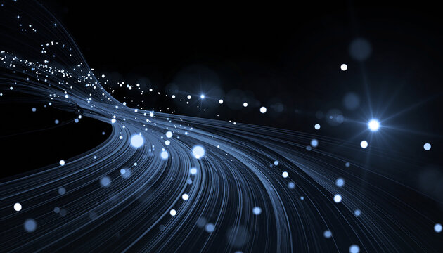 Abstract flowing lines and glowing dots on a dark background