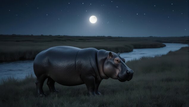 Hippo under the moonlight near a river at night.