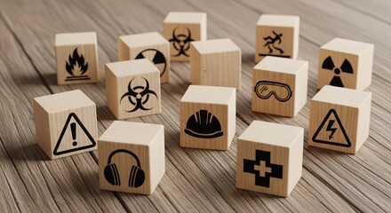 Wooden Block Safety Icons — Representing workplace hazard alerts and protective measures