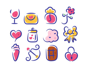 Fototapeta premium A collection or set of illustrations of symbols or icons on the theme of Valentine's Day. elements of celebration, event, festival, party, valentine. Flat style design. White background.