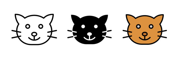 Cat icon featuring a simple side or front view of a sitting cat with pointed ears and tail. Flat vector illustration, created in outline, filled, and color style.
