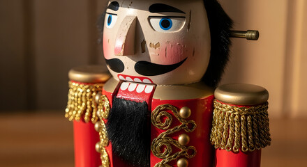 Close-up of a Traditional Nutcracker Soldier with Red Uniform and Golden Accents