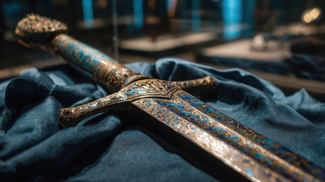 longsword. Ancient longsword on dark cloth, polished blade showing color-shifting patterns from blue to gold. event programs.