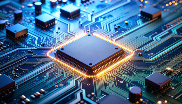 Close-up of a microprocessor chip glowing on a detailed blue and green printed circuit board (PCB), symbolizing data, technology, and AI innovation.