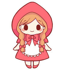 Cute Little Red Riding Hood – Hand-Drawn Chibi Fairy Tale Girl in Red Hood and Apron Dress