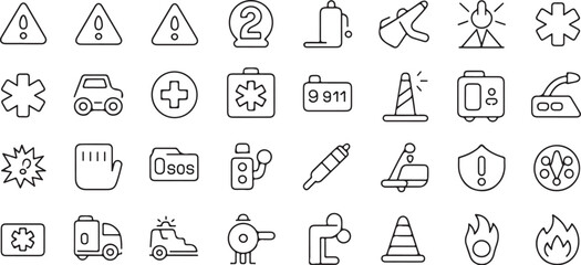 Emergency web icons in line style. Featuring accidents, natural disasters, rescue services, emergency signals, and more. Outline Icon Collection. Vector illustration. Editable stroke.