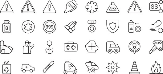 Emergency web icons in line style with editable stroke, featuring danger, warning, emergency response, 911, paramedic, accident, alert, safety, sos, cone, fire. thin linear vector illustration.