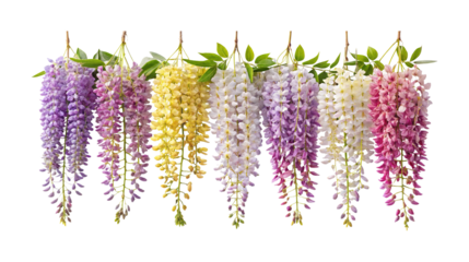 Beautiful wisteria cascading flowers in shades of purple, pink, yellow, and white
