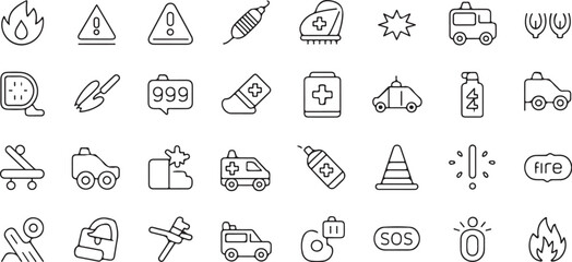 Emergency web icons in line style with editable stroke, featuring danger, warning, emergency response, 911, paramedic, accident, alert, safety, sos, cone, fire. thin linear vector illustration.