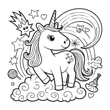 Black and white line art coloring page of a cute unicorn with stars and clouds horse fantasy