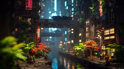 Pixelated Futuristic Cityscape At Night