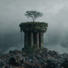 Ancient Ruined Pillar With Tree In Dark Landscape