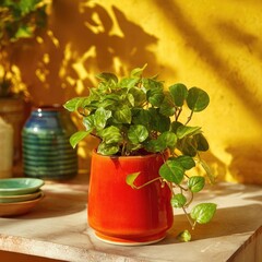 Orange Potted Plant With Green Foliage Against Yellow Wall