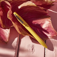 Yellow Ballpoint Pen On Pink Wooden Surface With Leaves