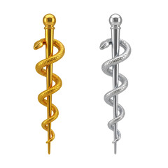 Gold and Silver Rod of Asclepius, Medical Symbol, Healthcare, Pharmacy, and Emergency Services Icon on Transparent Background 