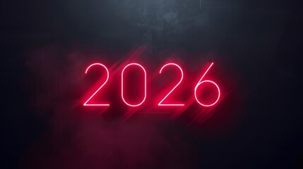 Bright neon 2026 numbers on black wall with copy space New Year backdrop