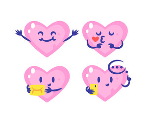 A collection or set of heart character illustrations with various expressions and poses. Happy, holding letters, kissing, and chatting. Funny, cute, and adorable. Flat style design. White background.