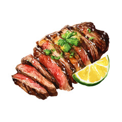 Isometric-style watercolor depiction of Carne Asada, set against a white background.