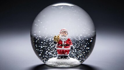 Christmas snow globe with Santa Claus figurine and sparkling falling snow. Slow zoom on a festive holiday decoration against a dark background with copy space. - Powered by Adobe