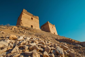 Ancient stone towers on a rocky desert hill under a clear blue sky