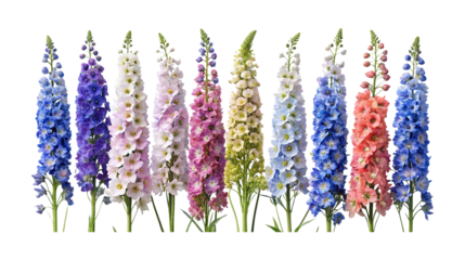 Beautiful array of colorful delphinium flower spikes in full bloom against white